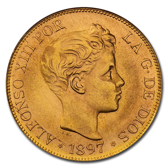 1897 (62) SG-V Spain Red Gold 100 Pesetas Alfonso XIII MS-67 NGC 1897 (62) SG-V Spain Red Gold 100 Pesetas Alfonso XIII MS-67 NGC